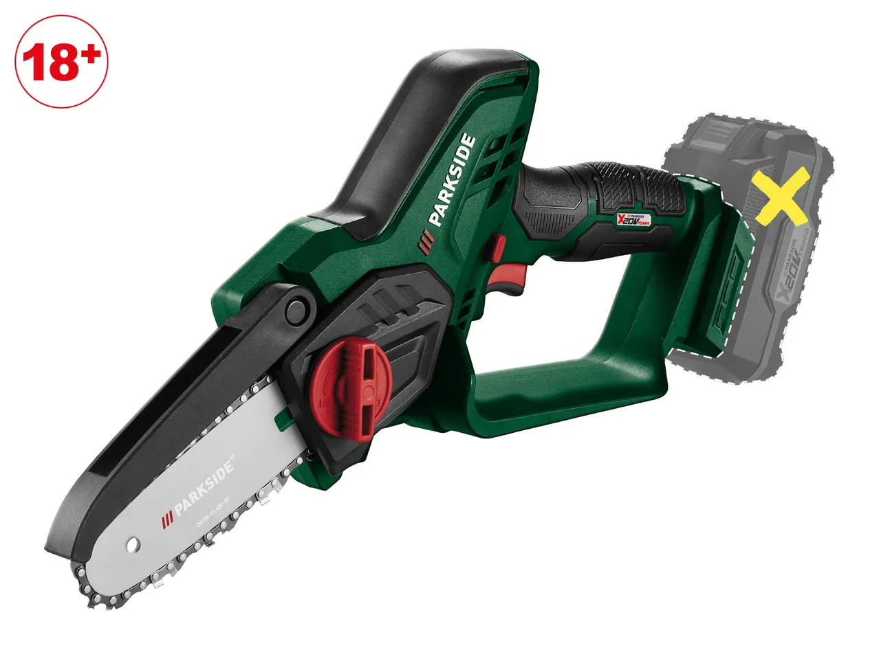 Green cordless mini chainsaw with a red 18+ age restriction symbol.
