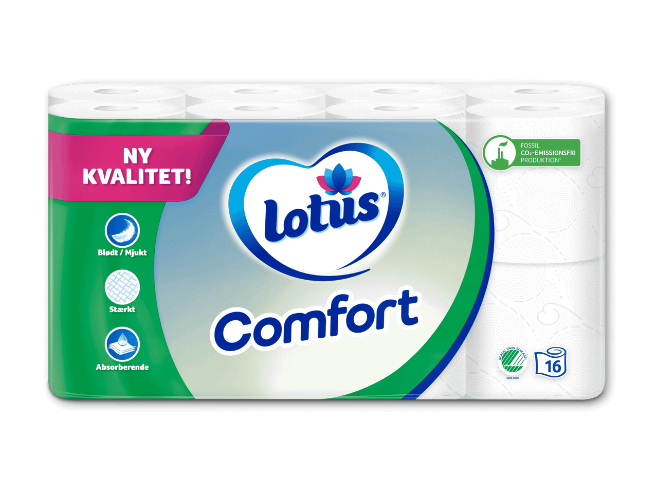 Pakke med 16 ruller toiletpapir med teksten 'NY KVALITET!' og 'Comfort'.