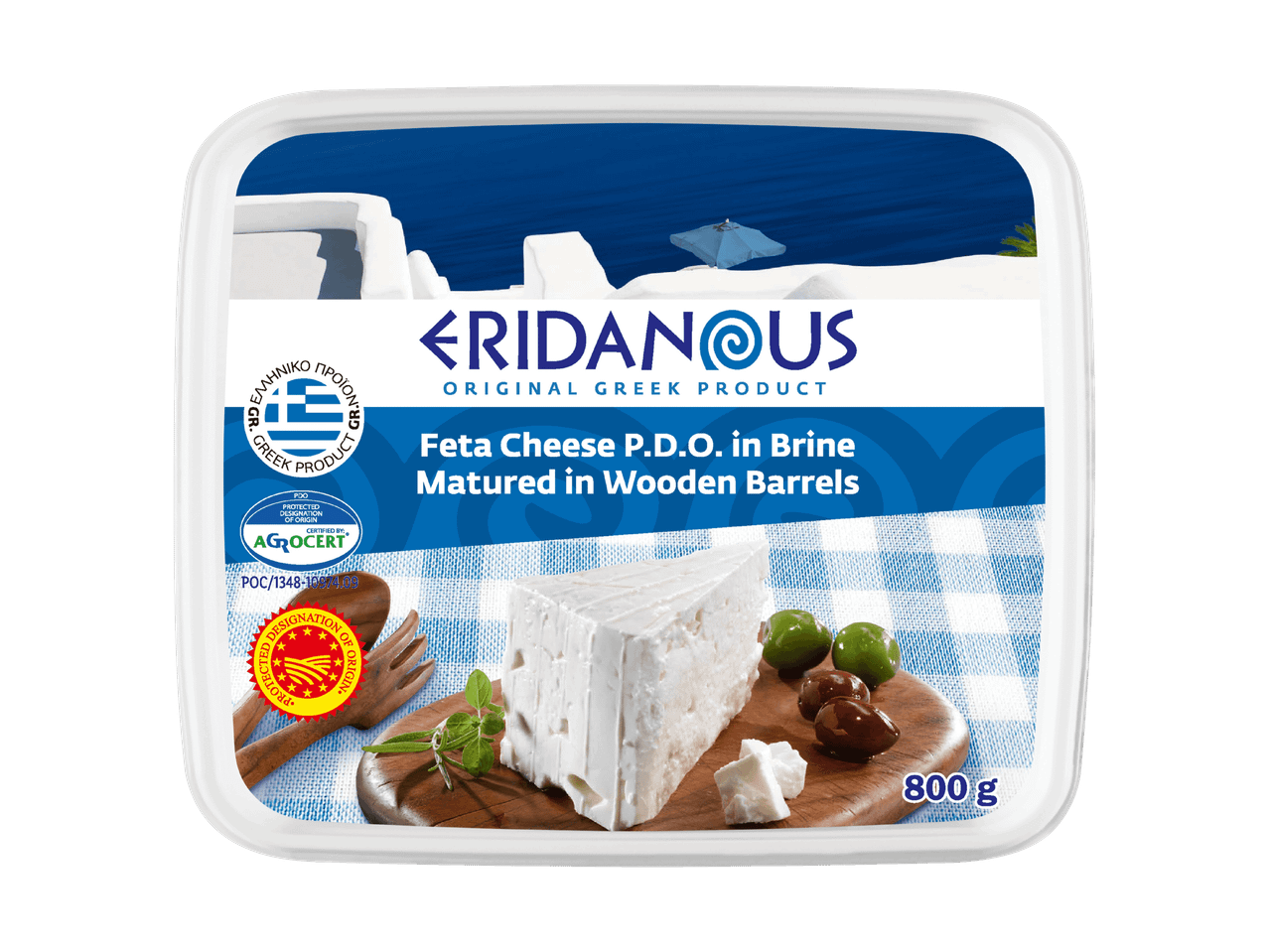 Fromage Feta AOP en saumure affiné en fûts de bois, avec des olives et de l'origan.
