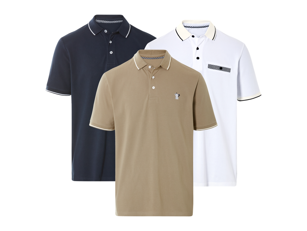 Tri muške polo majice kratkih rukava u tamnoplavoj, bež i bijeloj boji.