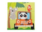 Children's wooden puzzle with a koala, panda in a jeep, and a parrot in a jungle scene.
