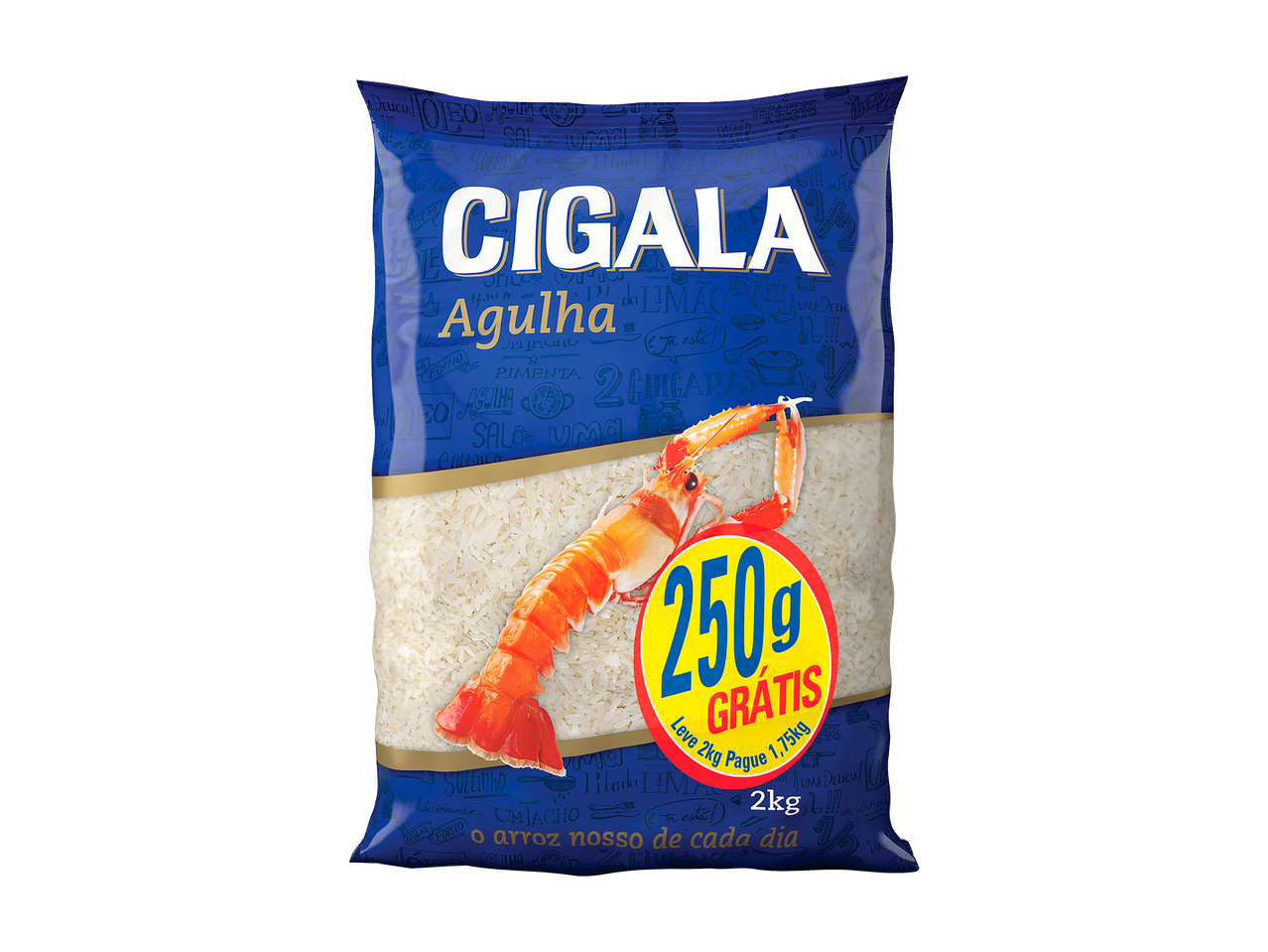 Arroz CIGALA Agulha, saco de 2kg com 250g grátis, com ilustração de camarão.