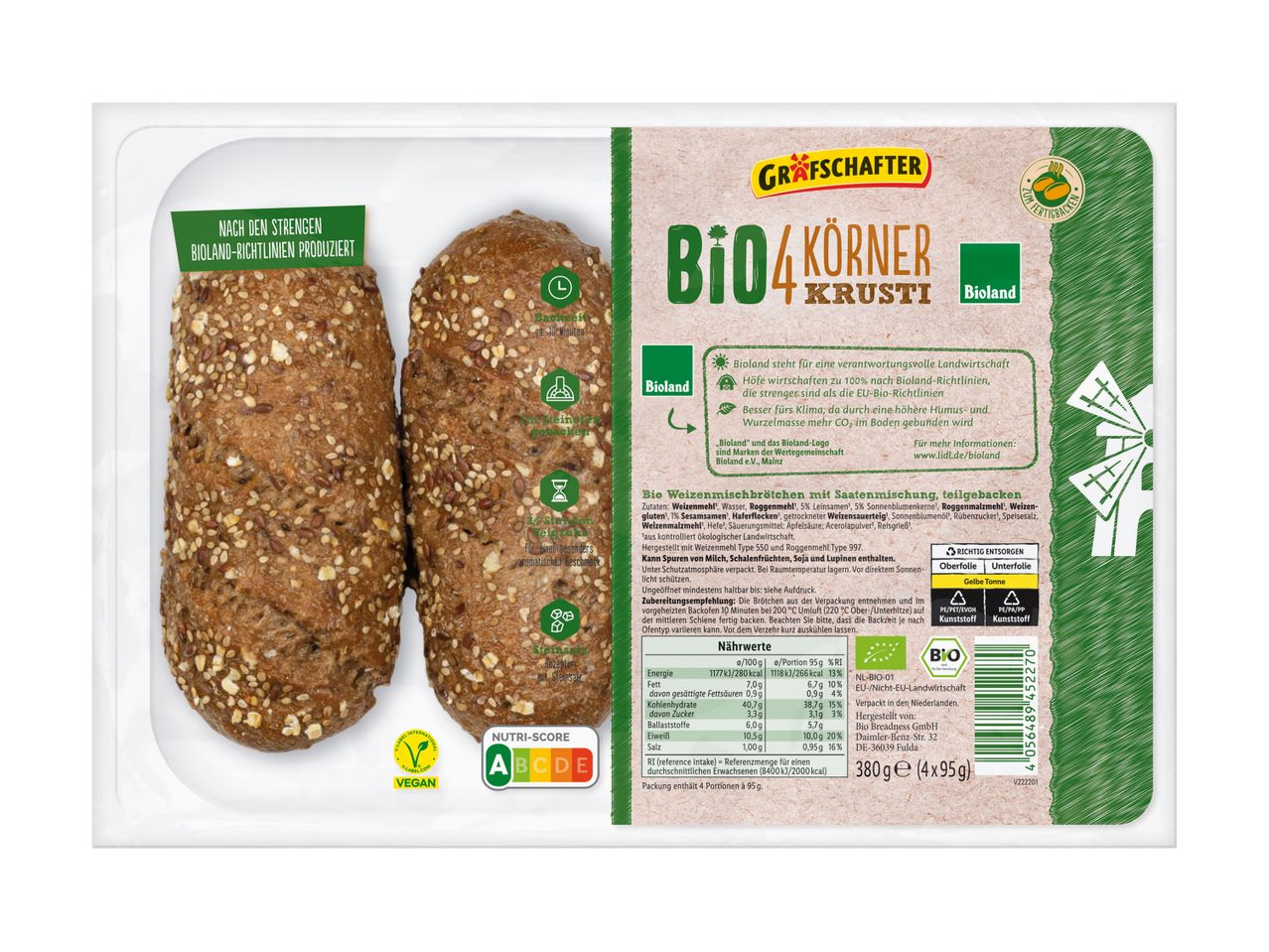 GrafSchafter Bio 4-Körner Brötchen.