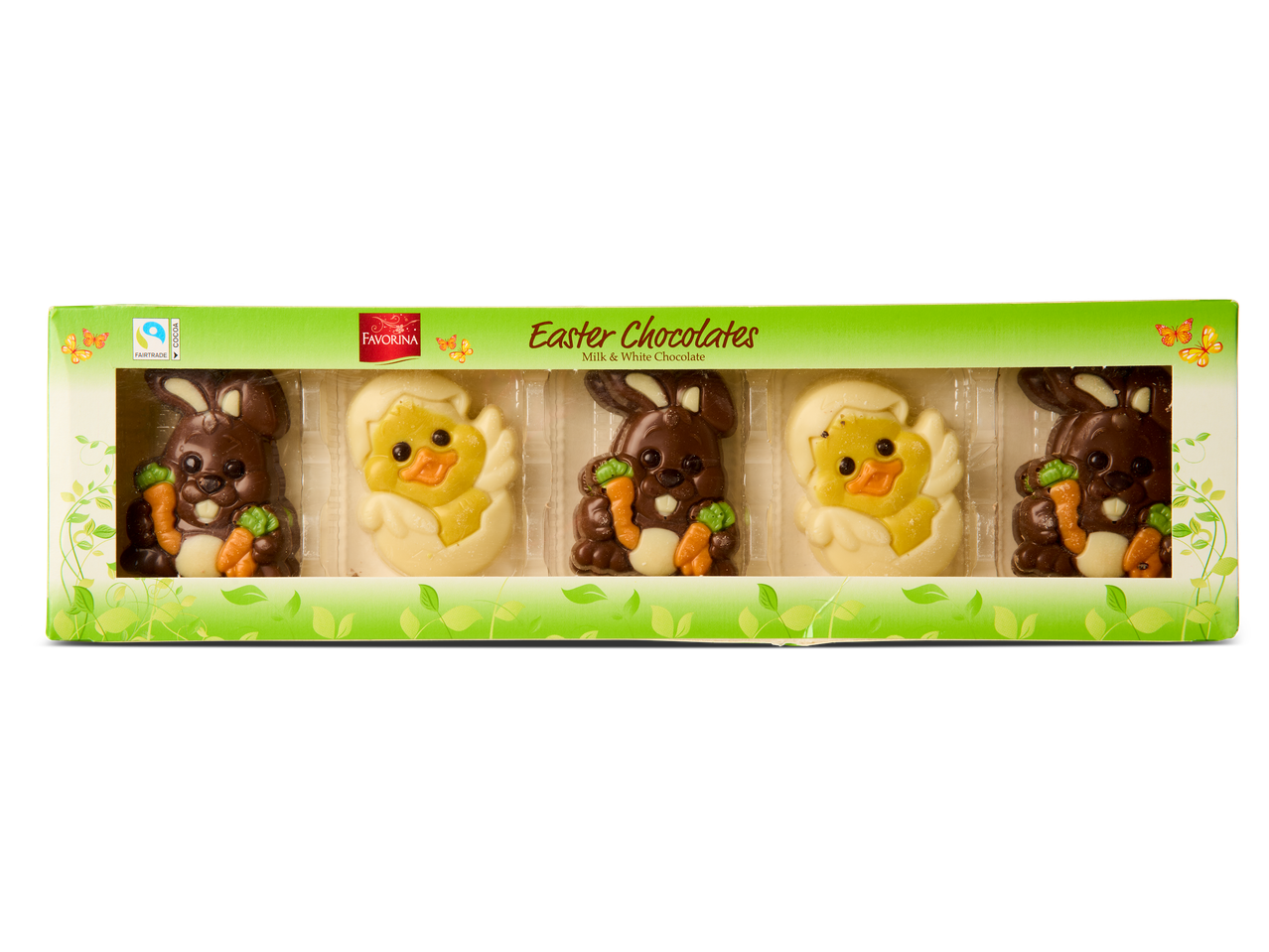 Een doos met paaschocolade, bestaande uit melkchocolade konijntjes en witte chocolade kuikentjes.