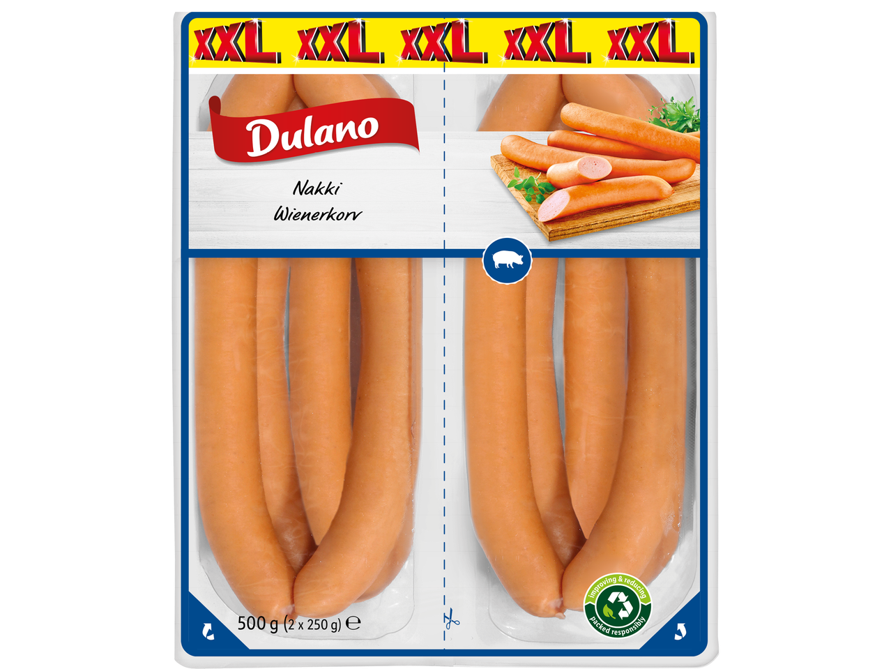 Förpackning med Dulano XXL-korvar (Wienerkorv).