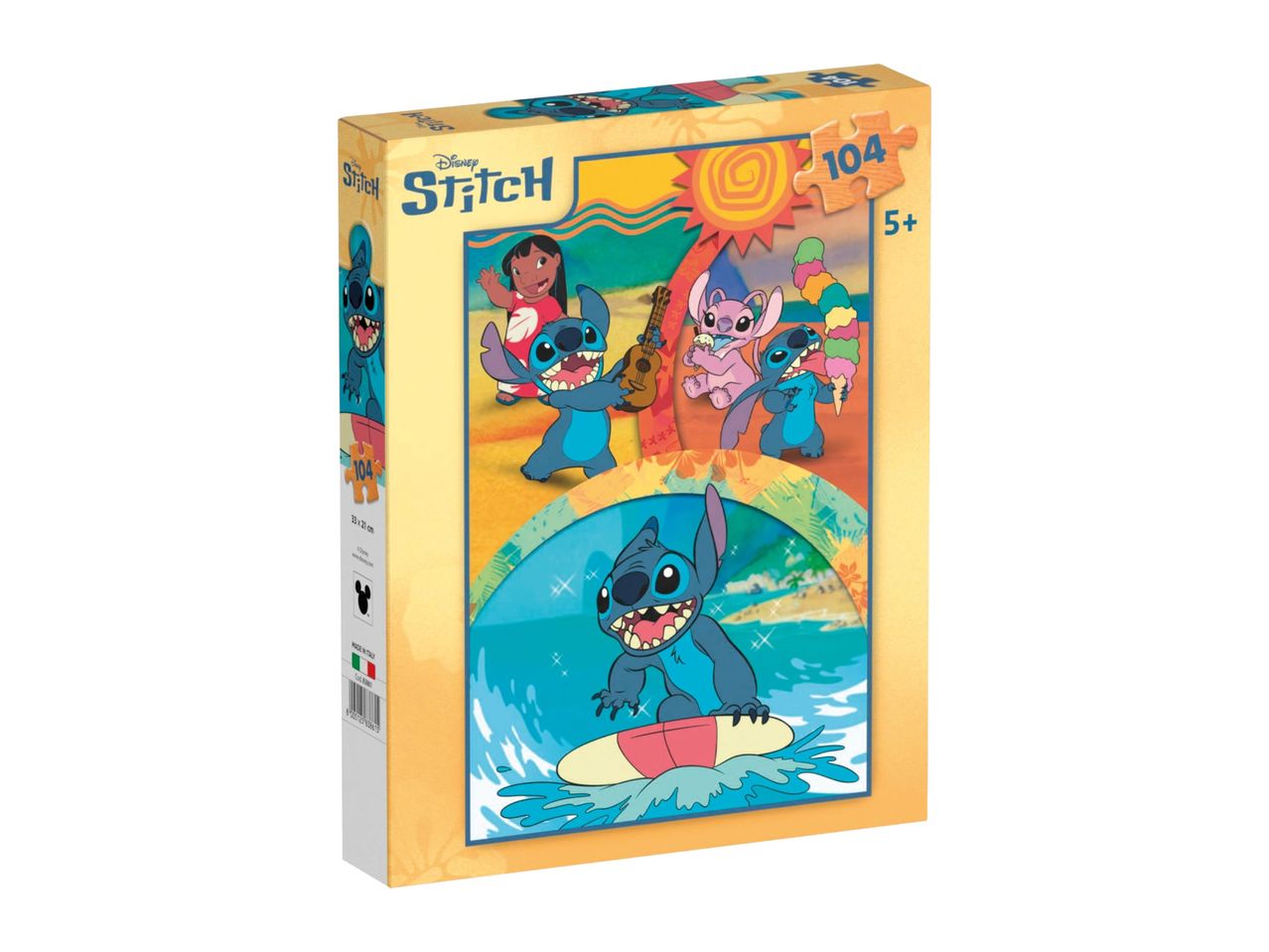 Stitch puzzle box with 104 pieces, featuring Stitch surfing and with Lilo and Angel.