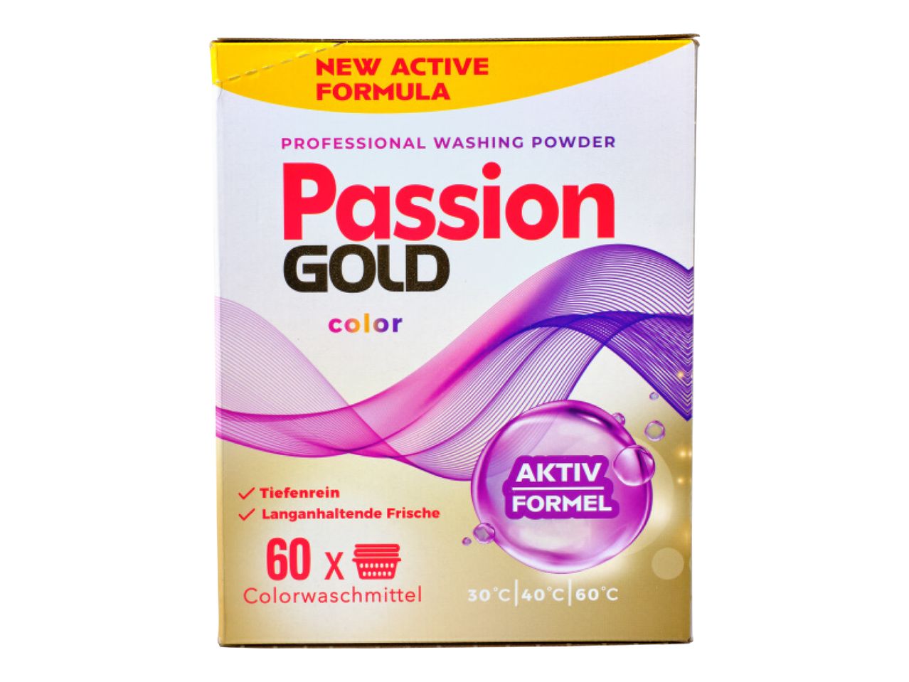 Passion Gold Color veļas pulvera iepakojums ar uzrakstu 'Jauna aktīvā formula'.