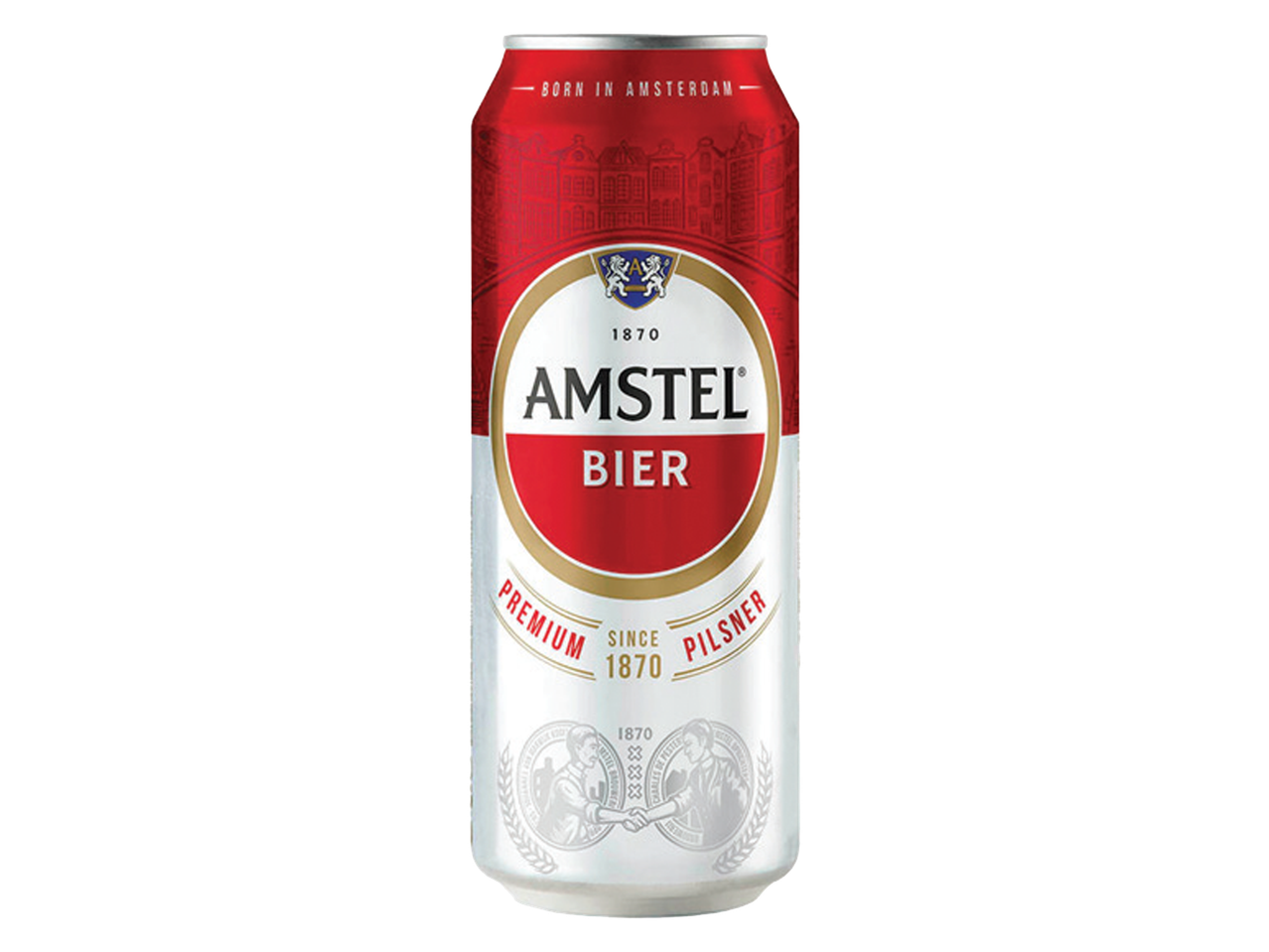 Crvena i bela limenka piva sa natpisom 'Born in Amsterdam' i 'Premium Pilsner'.