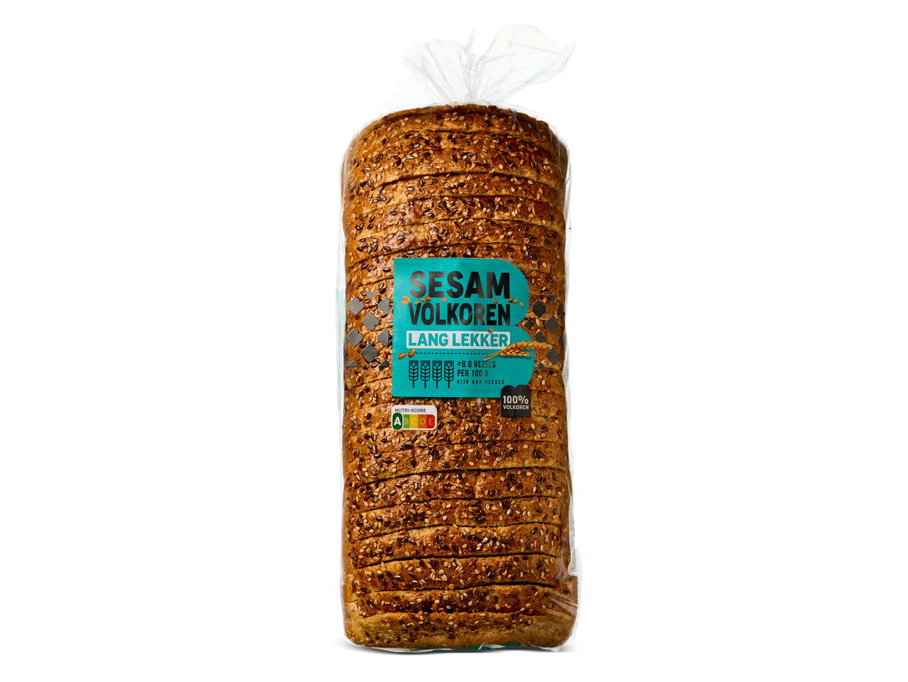 Verpakking gesneden volkorenbrood met sesamzaad en een Nutri-Score A-label.