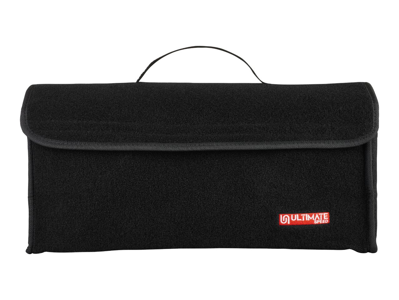Black felt car mat set with a red and white logo, folded and with a handle.