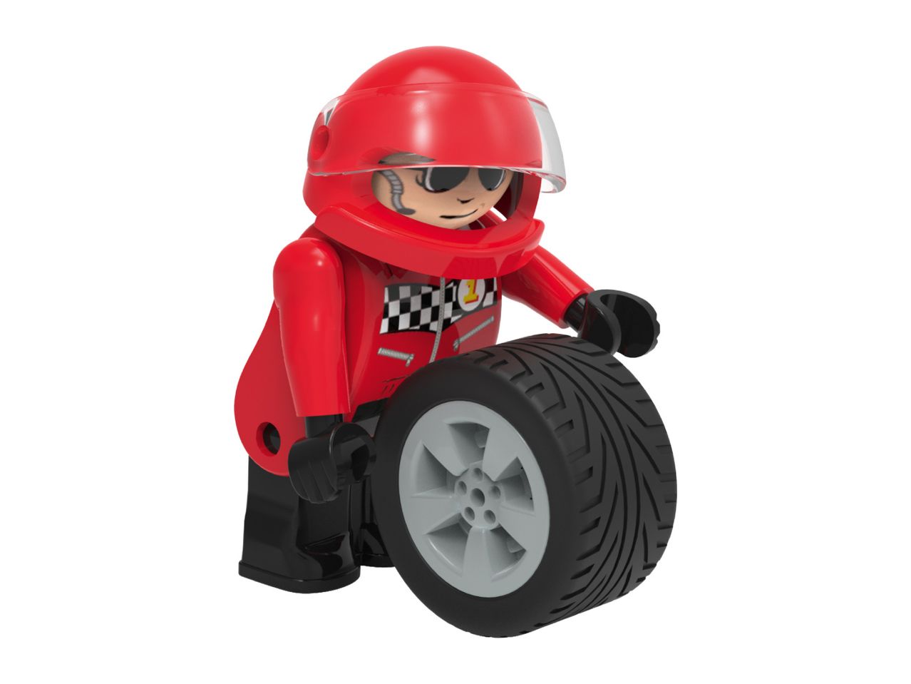 Toy race car driver in red suit and helmet, holding a tire.
