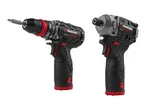 Two cordless power tools, a drill and an impact driver, in black and red.