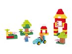 Colorful building blocks set with figures, vehicles, and structures.