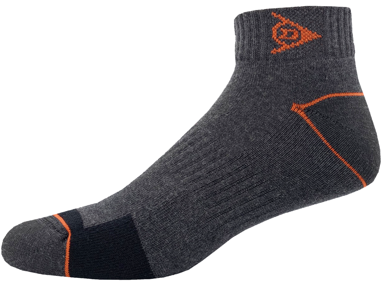 Gray ankle socks with orange accents.