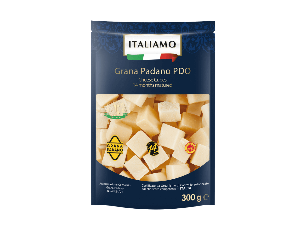 Packung Grana Padano g.U. Käsewürfel, 14 Monate gereift, Marke Italiamo.