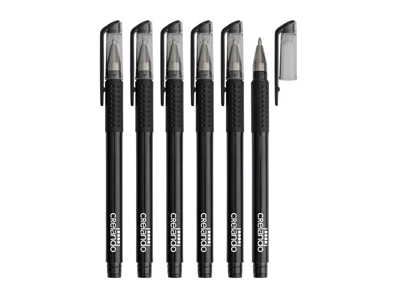 Six black gel pens with clear caps, one with the cap removed, arranged vertically.