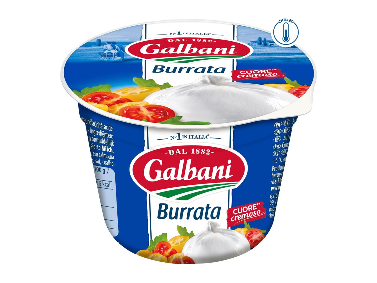 A Galbani Burrata cheese product with tomatoes and arugula, featuring a 'Chilled' icon.