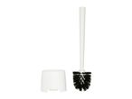 White toilet brush with black bristles and a matching white holder.