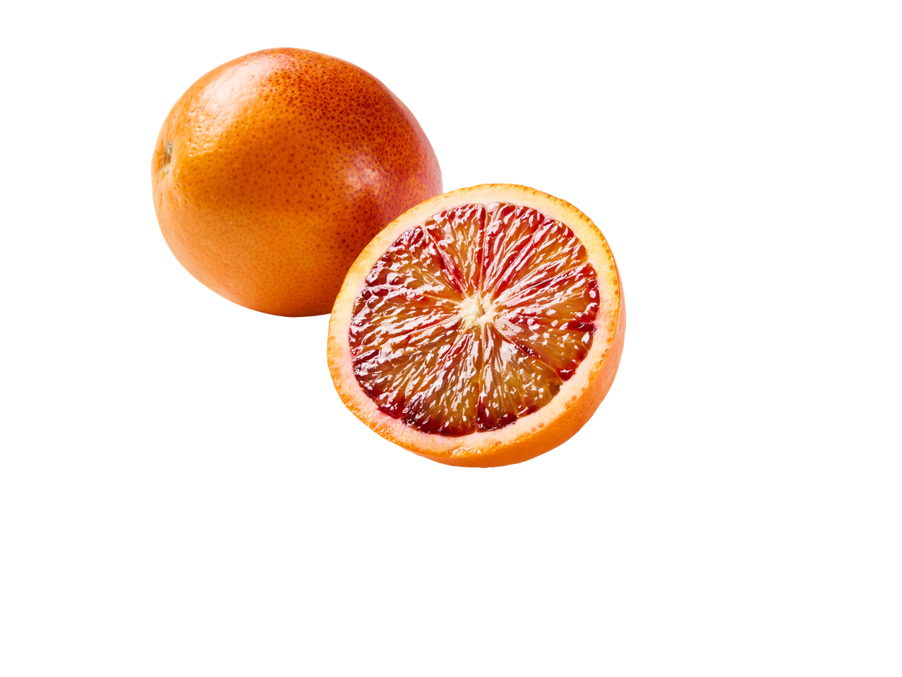 Bloedappelsinen: één geheel en één gehalveerd.