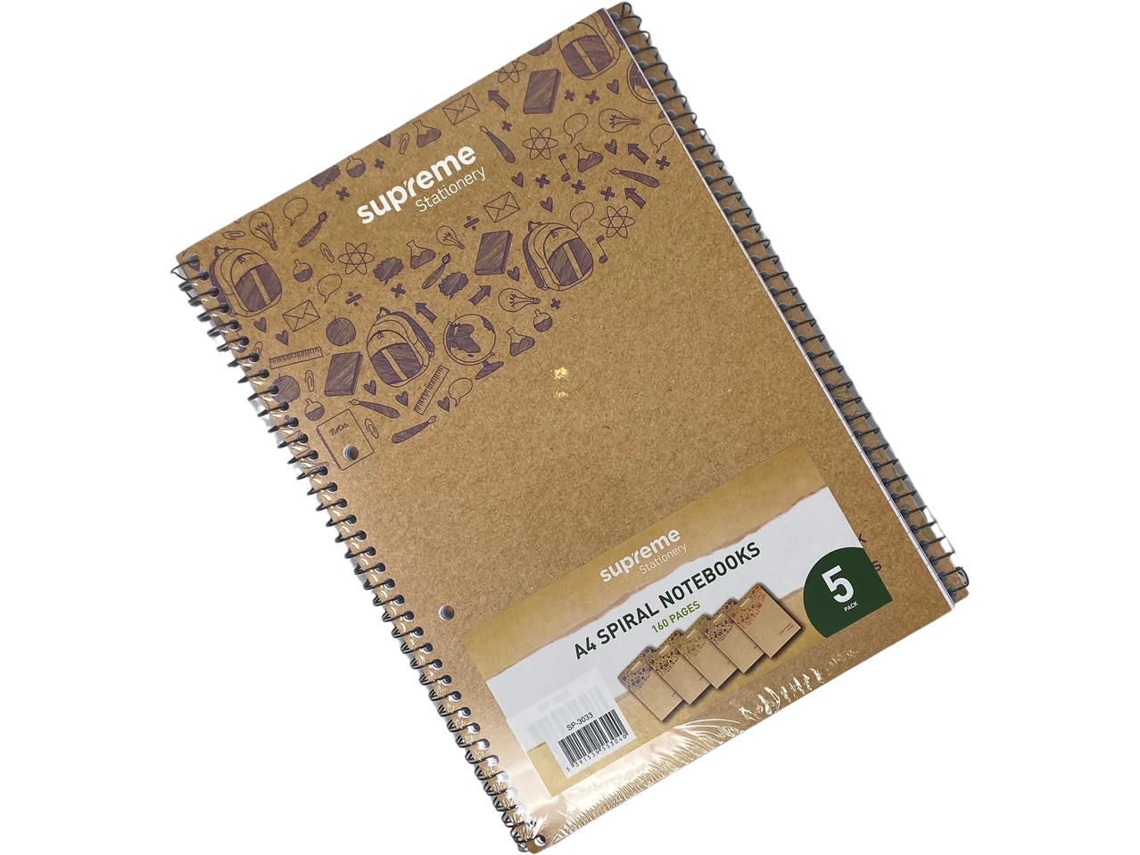 5 Supreme Stationery A4 spiral notebooks, 160 pages.