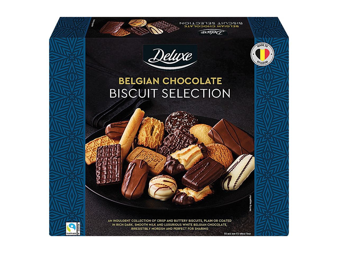 A box of Deluxe Belgian Chocolate Biscuit Selection, featuring various chocolate-covered and plain biscuits.