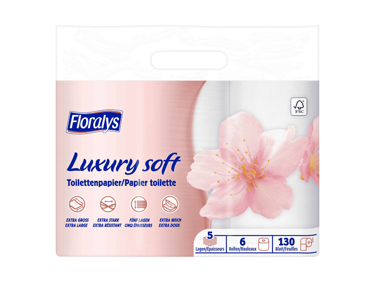 Packung weiches Toilettenpapier mit Kirschblüten, 6 Rollen, 5 Lagen, 130 Blatt.