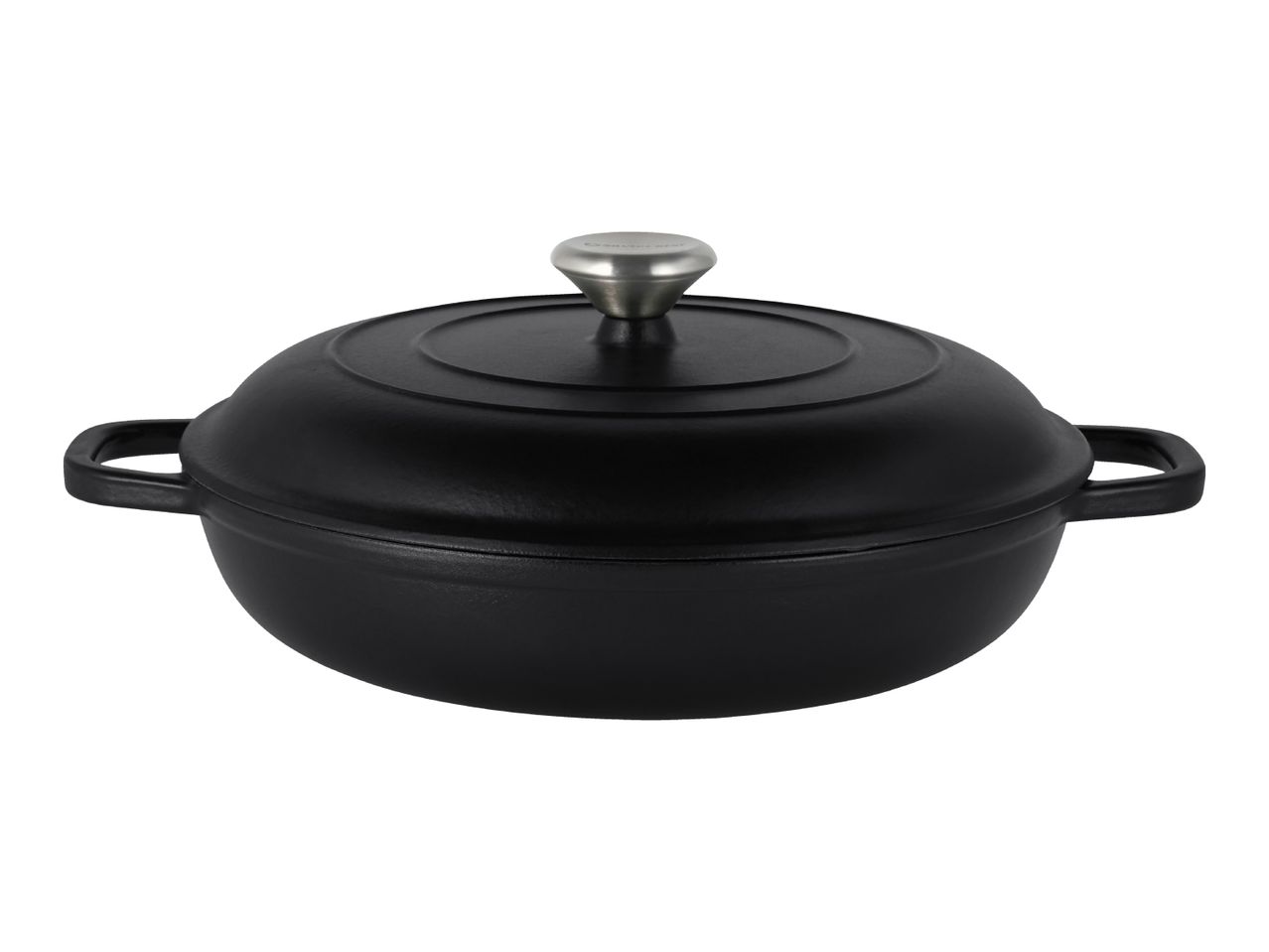 Black cast iron casserole dish with lid and silver knob.