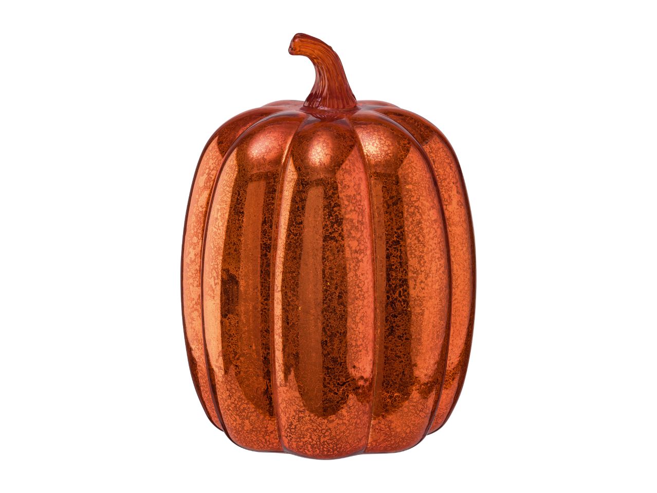 A shiny, orange glass pumpkin with a textured, speckled finish and a curved stem.
