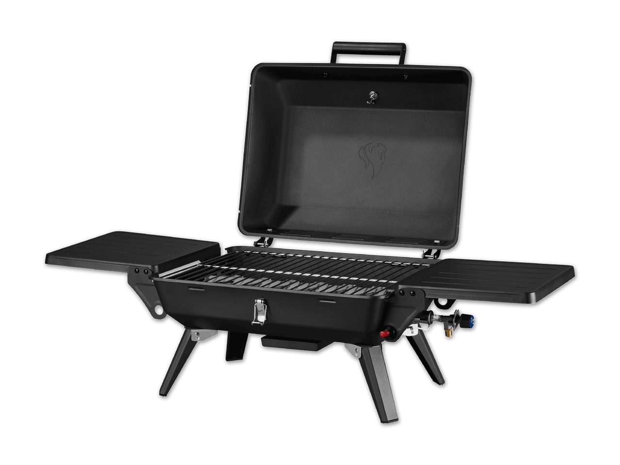 Ein offener, schwarzer Campingaz-Grill mit zwei seitlichen Ablagen.