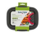 Set of two grey rectangular collapsible silicone baskets for air fryers.