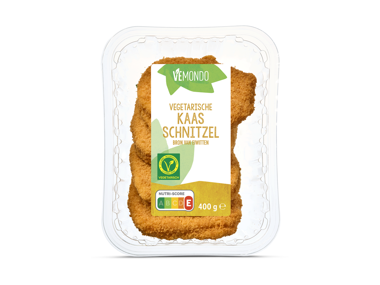 Vegetarische kaasschnitzels in een transparante verpakking, met Nutri-Score E en V-Label.
