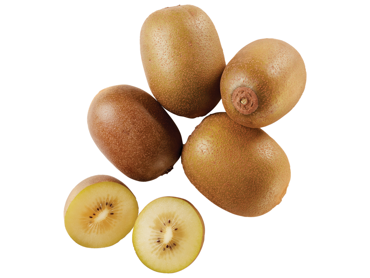 Golden kiwis, some whole and some sliced, showing their yellow flesh and black seeds.