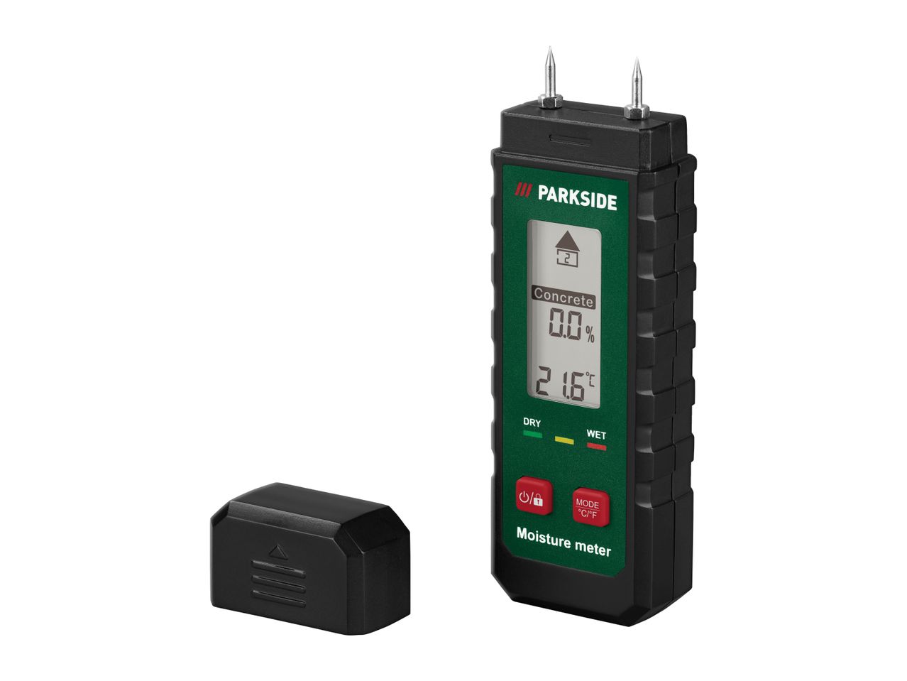 PARKSIDE moisture meter displaying 'Concrete 0.0%' and '21.6°C' with cap.