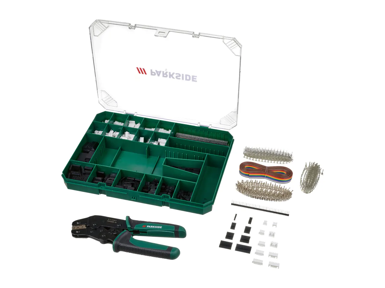 A crimping tool, a storage box with various electrical connectors, and a bundle of rainbow-colored wires.