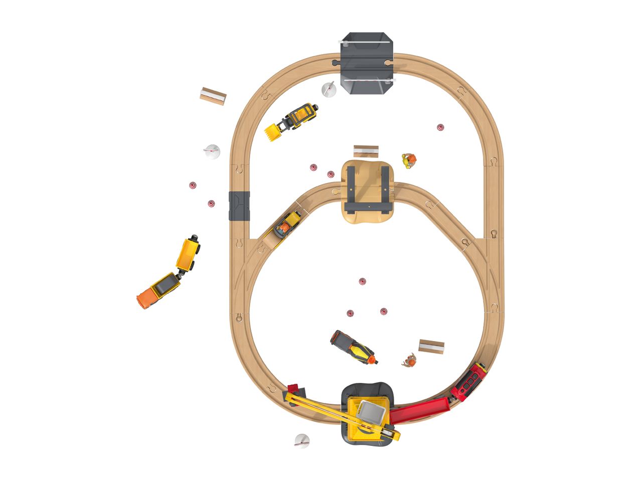 Overhead view of a wooden toy train track set with trains and construction vehicles.