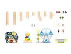 Wooden train track set with cars, figures, and carnival-themed accessories including a haunted house and Ferris wheel.