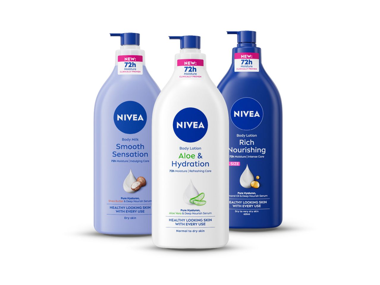 Tri bočice Nivea losiona za tijelo.