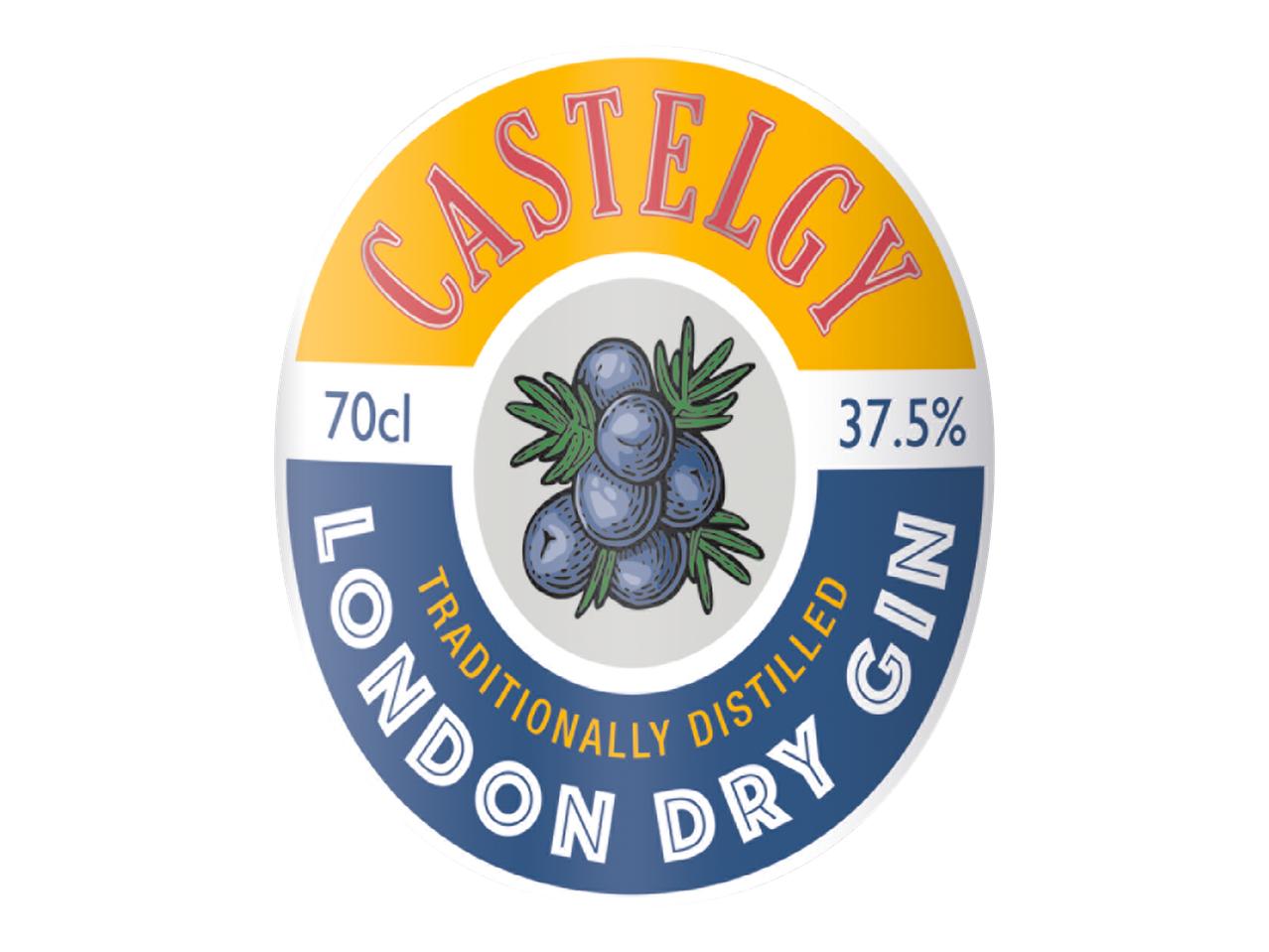 Етикет за джин с плодове от хвойна, надпис 'LONDON DRY GIN', 70cl и 37.5% алкохол.