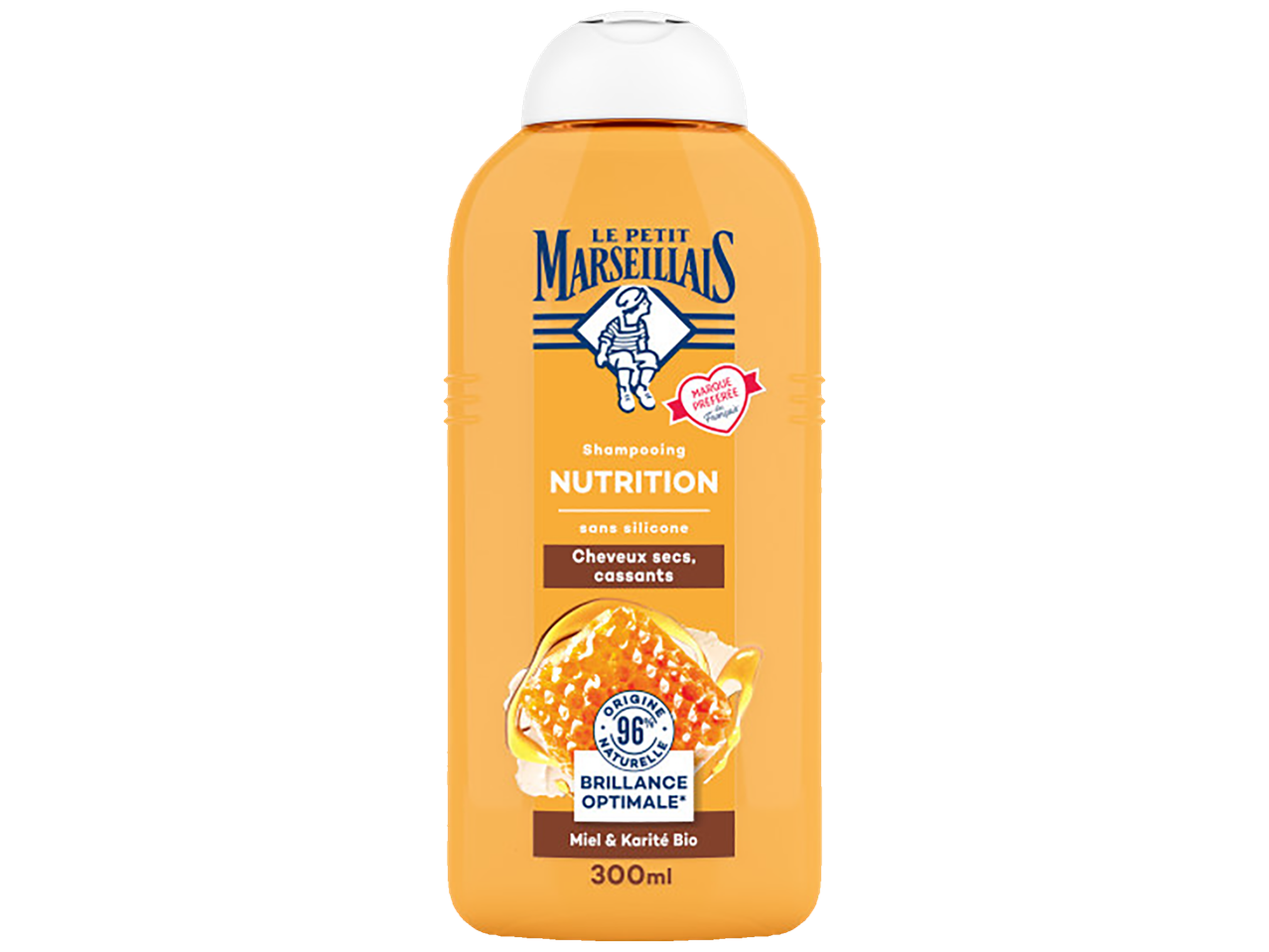 Bouteille de shampoing orange pour cheveux secs et cassants, à base de miel et karité bio, 300ml.