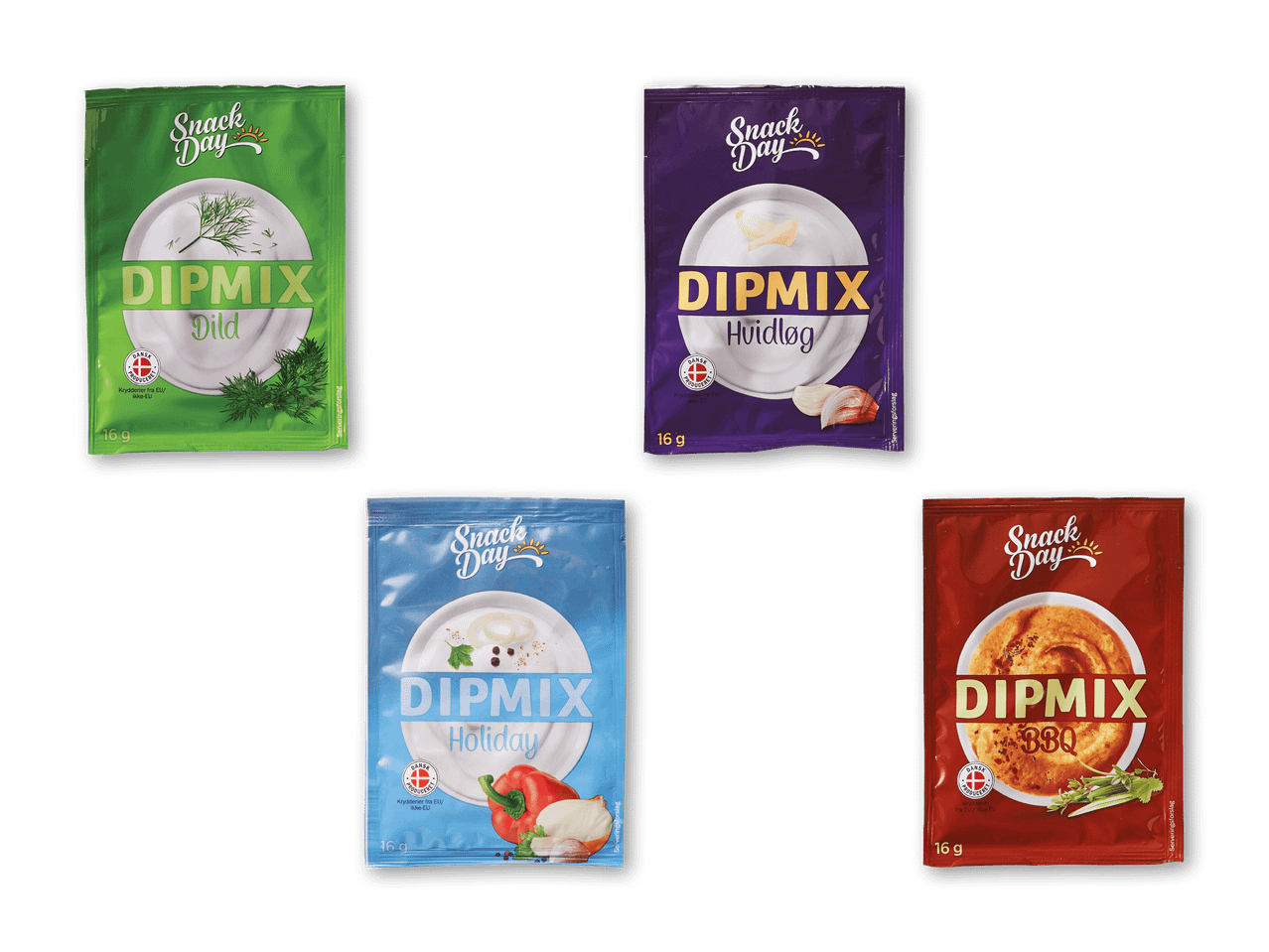 Fire pakker dipmix i forskellige smagsvarianter: dild, hvidløg, holiday og BBQ.
