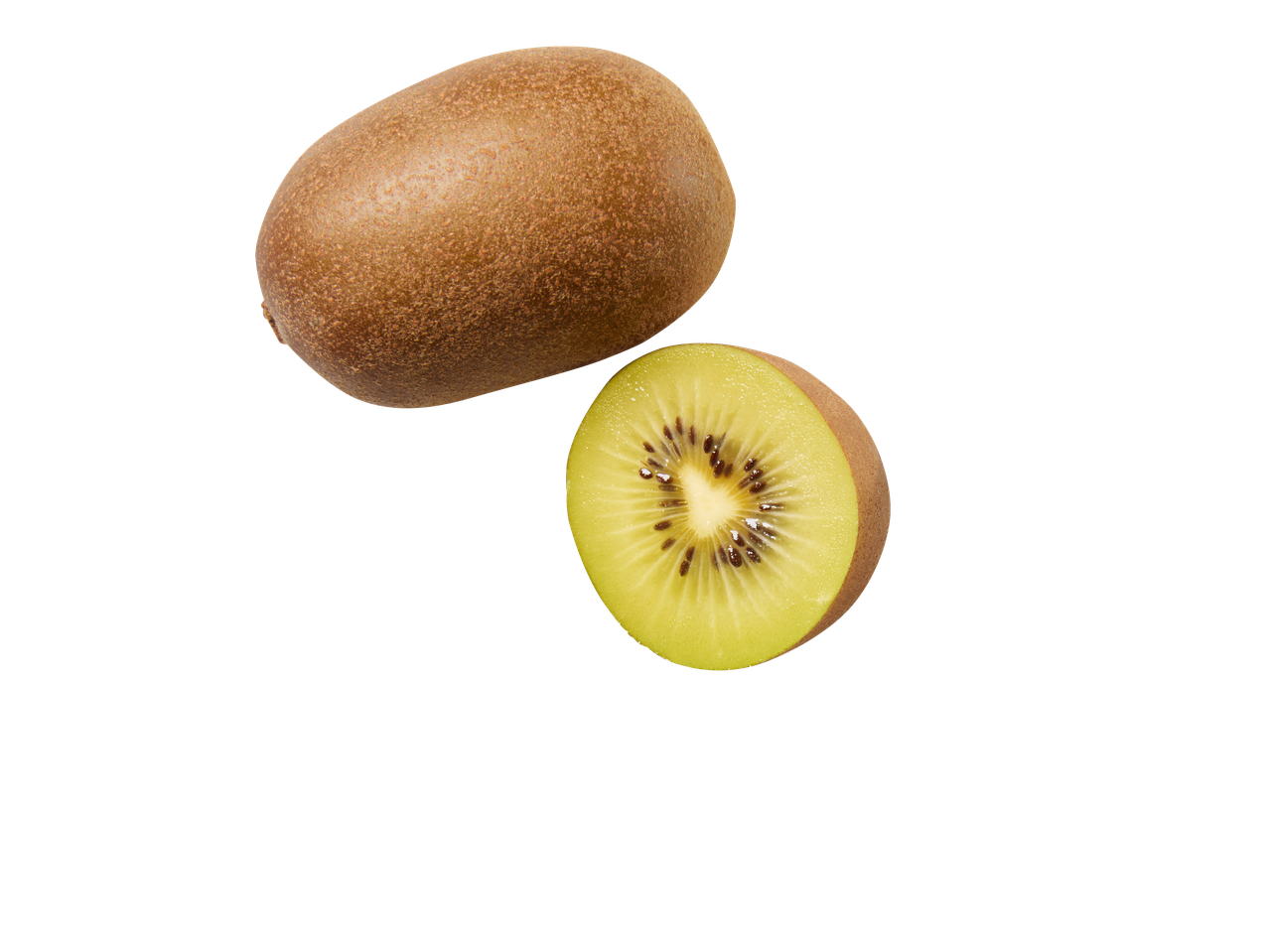 Twee gouden kiwi's, één heel en één gehalveerd, op een zwarte achtergrond.