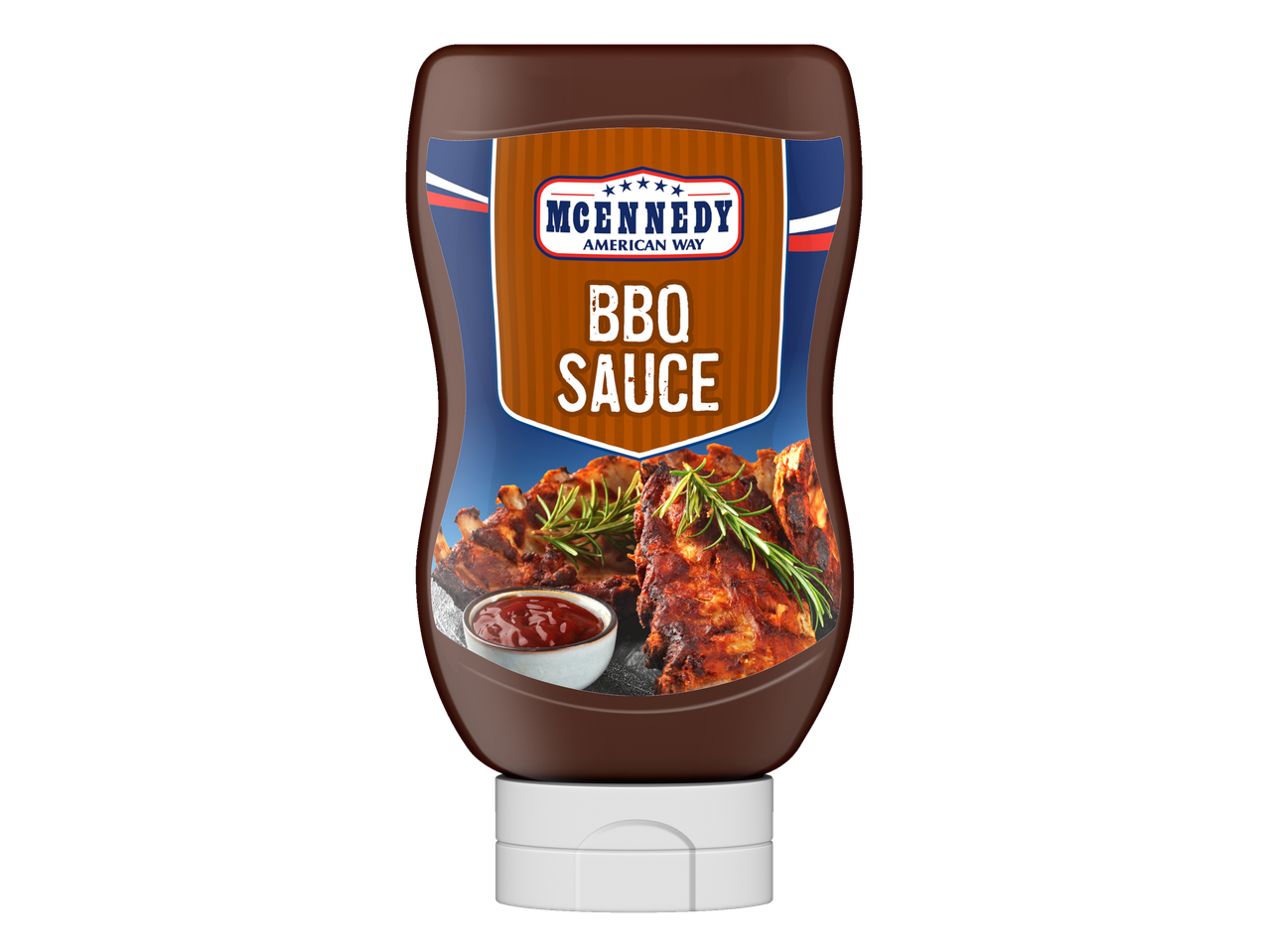 McEnnedy American Way BBQ padažas rudame butelyje su šonkauliukais ir padažu.