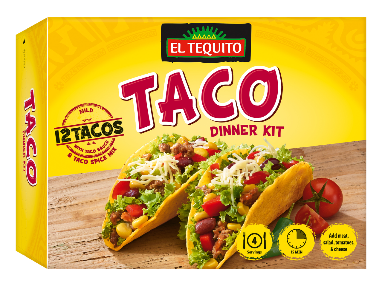 El Tequito Taco vakarienės rinkinys: 12 taco su padažu ir prieskonių mišiniu.