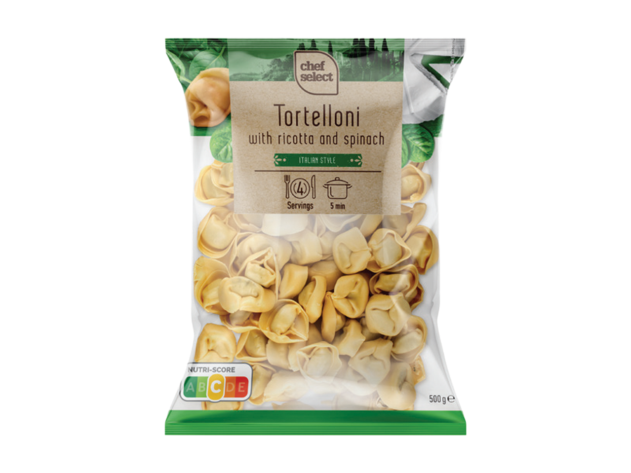 Pakovanje Chef Select tortelona sa rikotom i spanaćem, 500g, sa Nutri-Score oznakom.