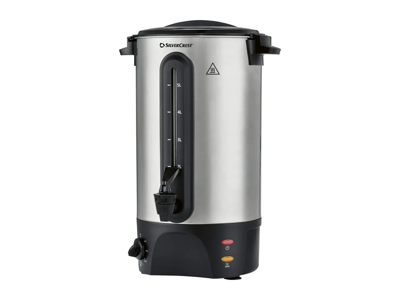 SilverCrest hot water dispenser with a 5L capacity, temperature control, and spigot
