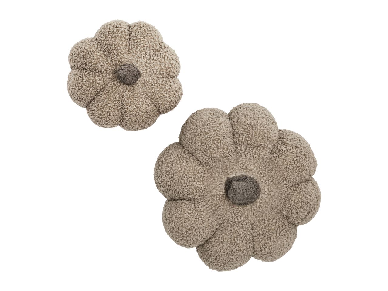 Two beige flower-shaped cushions with a dark grey center, one larger than the other.