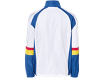Casaco corta-vento branco e azul com listras vermelhas e amarelas.