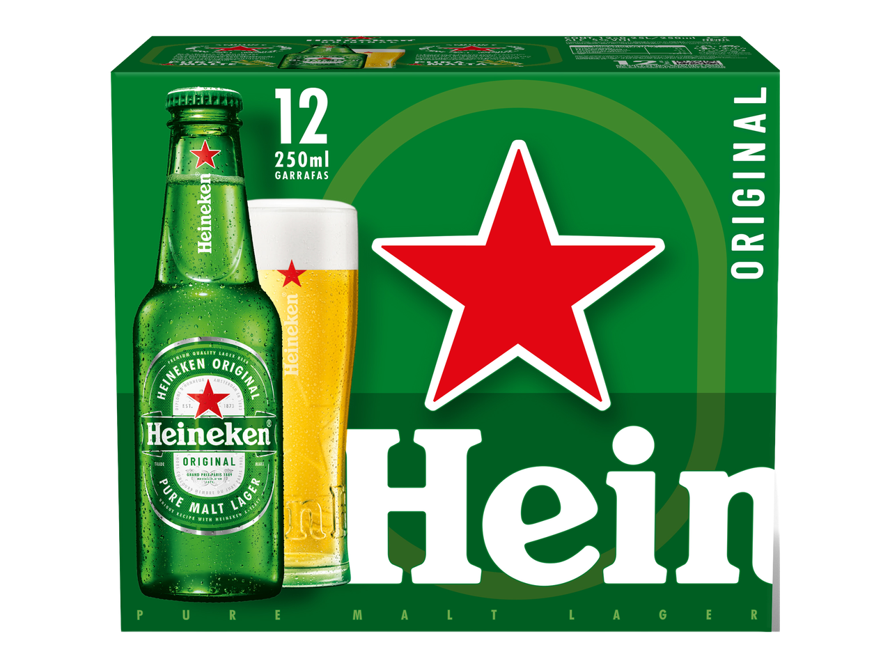 Caixa de 12 garrafas de cerveja lager de 250ml, com uma garrafa e um copo de cerveja.