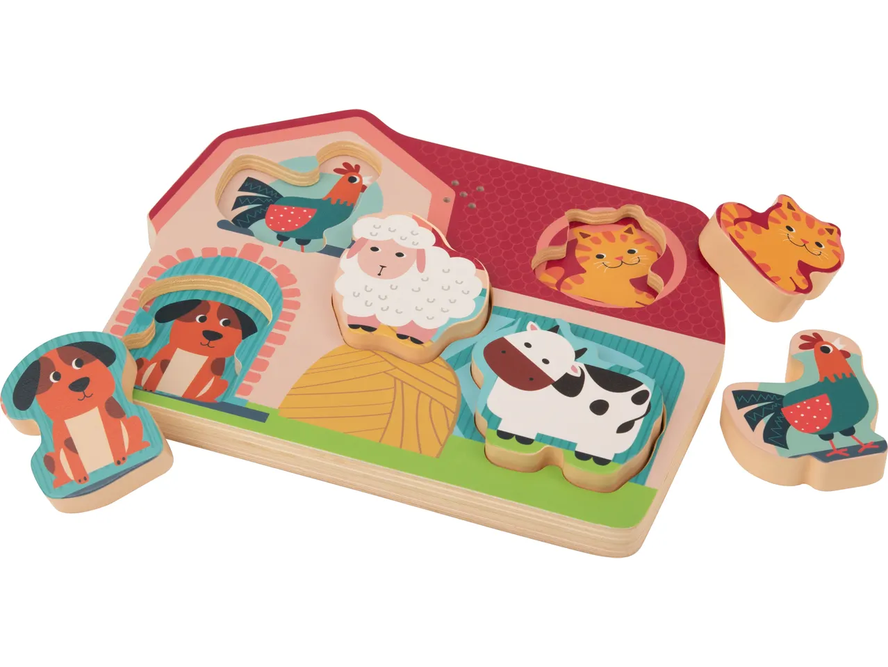 Medinis ūkio dėlionė su gyvūnų figūromis: šuo, gaidys, avis, katė ir karvė.