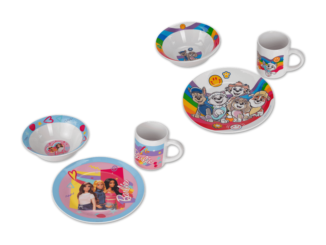 Kindergeschirr-Sets mit Barbie- und Paw Patrol-Motiven, bestehend aus Tellern, Schalen und Tassen.
